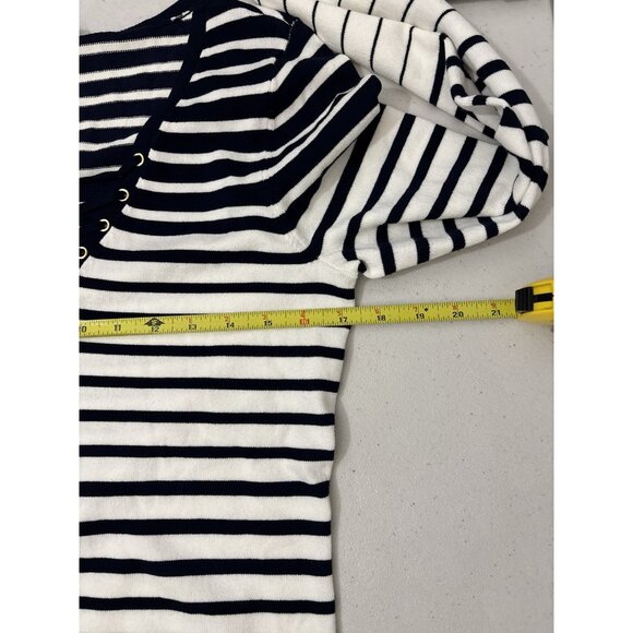 White House Black Market V Neck Striped Navy And White Nautical Sweater Blouse M - Picture 10 of 11